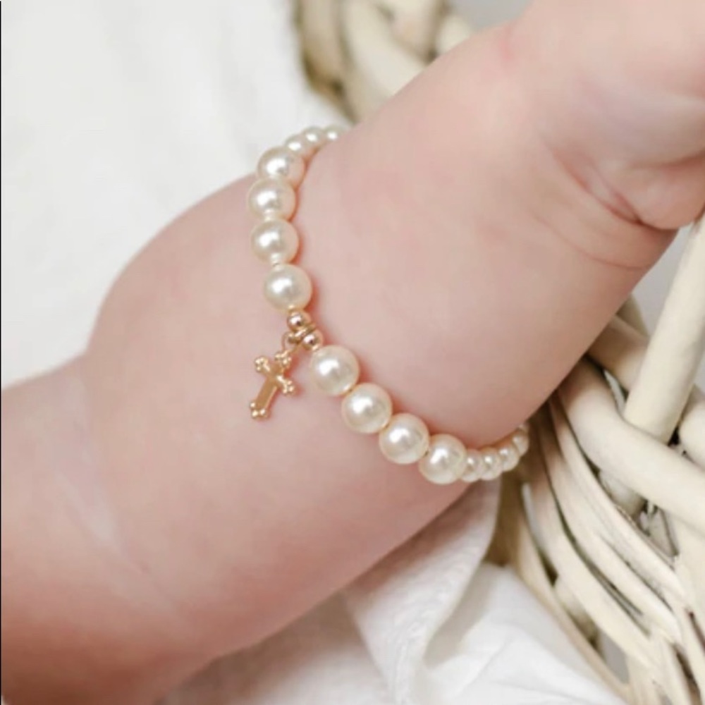 Cream luster Pearl Bracelet with 14K Gold Cross 3-6 Months Old
